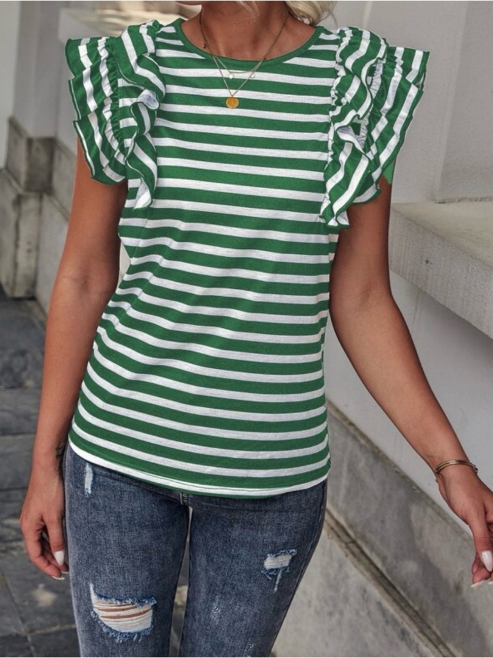 LIKE NEW SHEIN LUNE Striped Butterfly Sleeve Tee - Green/White - Sz M/6